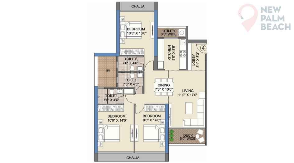 Celestria-New-Palm-Beach-Floor-Plan-3-BHK-1066-Sqft